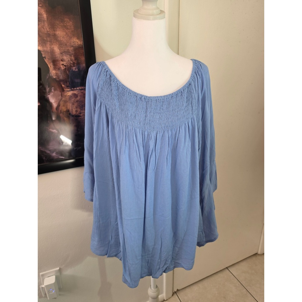 Light Blue Smocked Boho Peasant Blouse Bell Sleeve Split Cuff Top XL